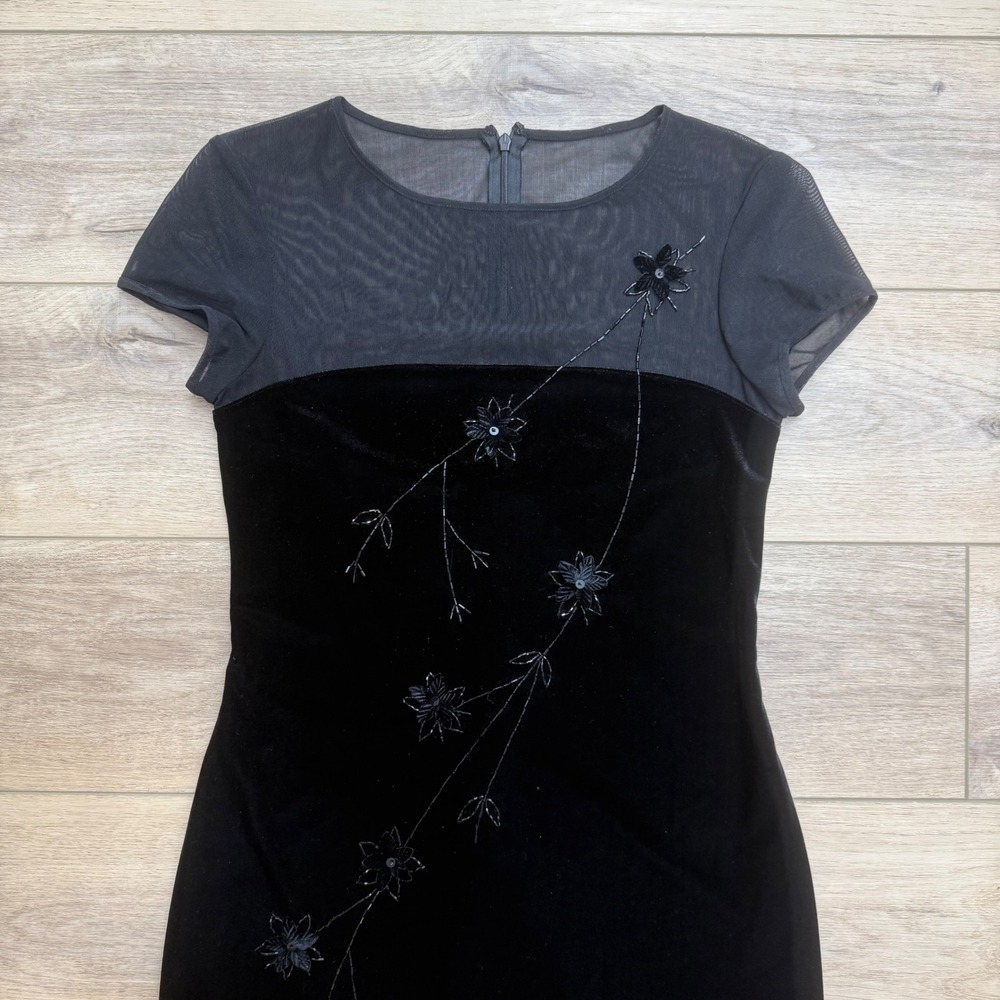 JR Nites Vintage Y2K Black Velvet Beaded Illusion Mesh Dress Whimsigoth 8 Grunge - Picture 2 of 10